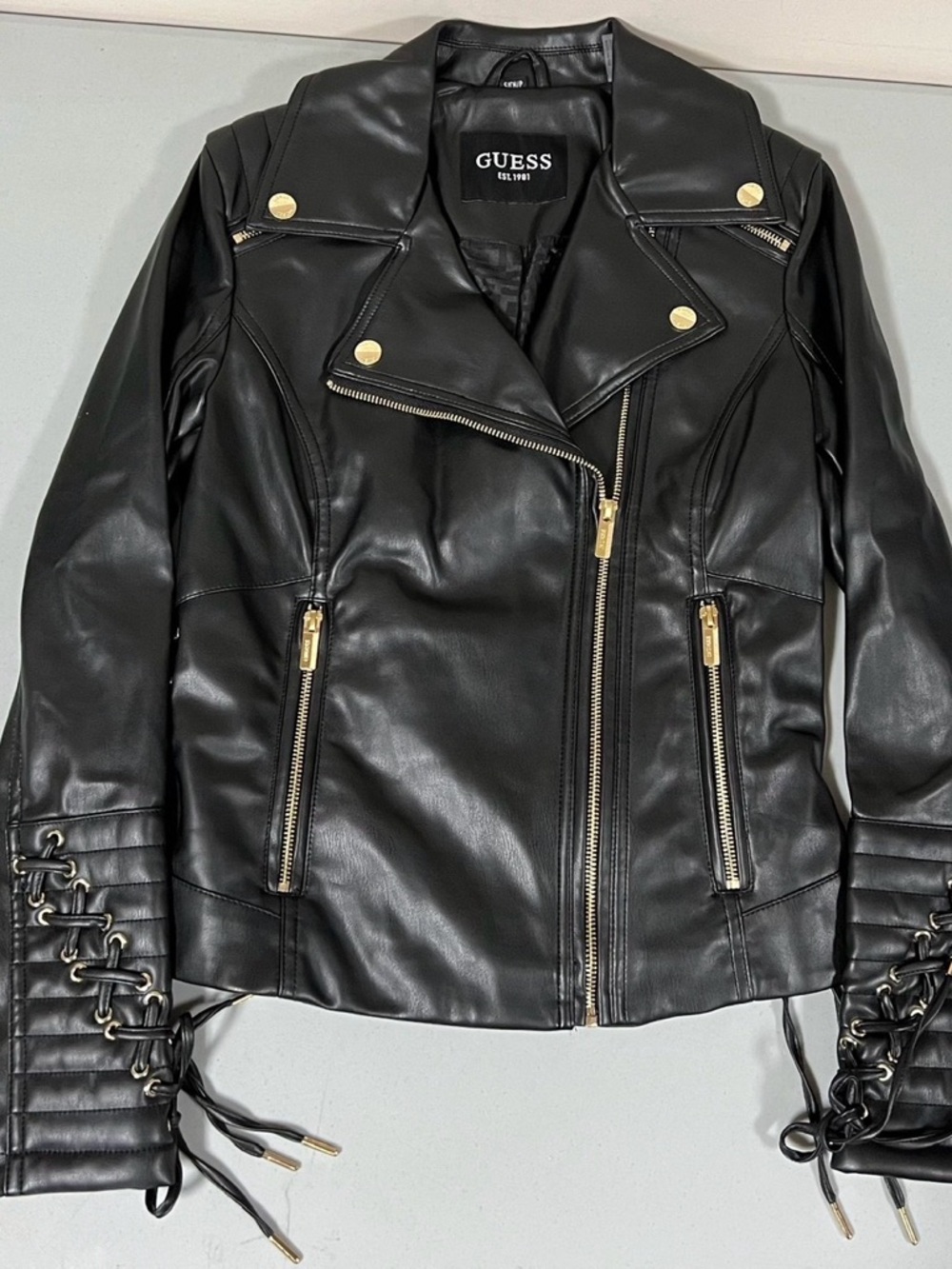 Guess Black Fitted Zipper Leather Moto Jacket Coat Outerwear Size S 🖤⛓️ #guess